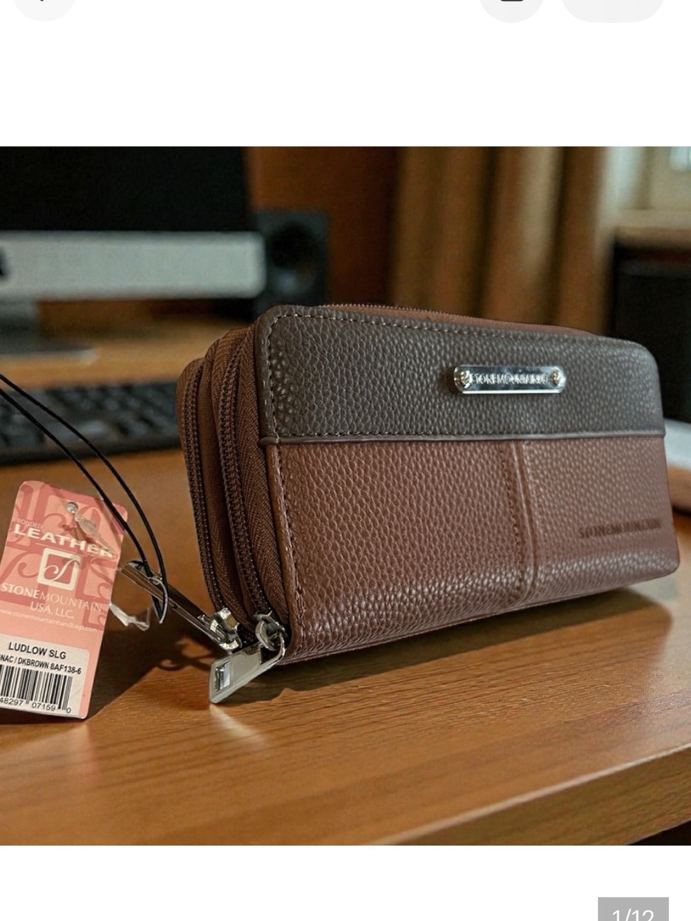 NWT Stone Mountain Double Zip Leather Wallet 2-tone cognac & dark brown